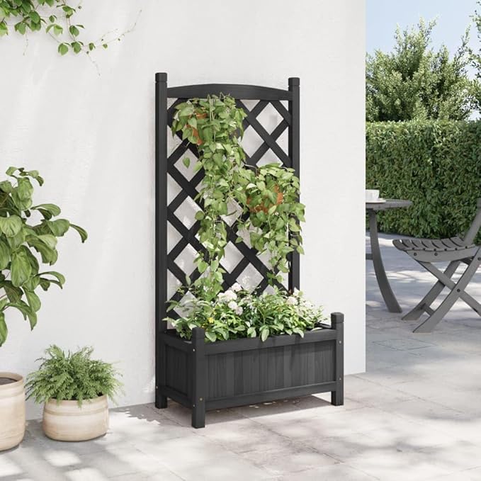 Planter with Trellis Solid Fir Wood Outdoor Box for Gardening Flowers Vegetables and Climbing Plant Black 21.7 x 11.8 x 43.3