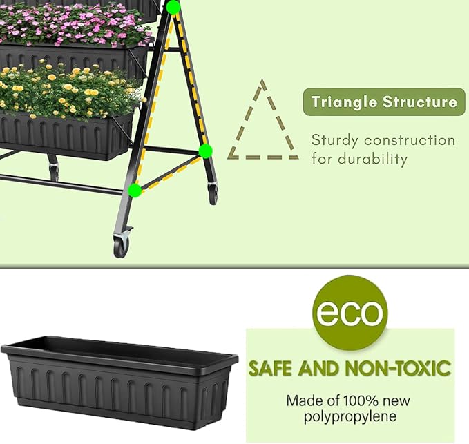 SEJOV 4FT Vertical Raised Garden Bed 5-Tier Vertical Garden Planter with Drainage System Larger Elevated Planter Box for Herb Vegetables Flowers Indoor Outdoor Planters (Black with Lockable Wheels)