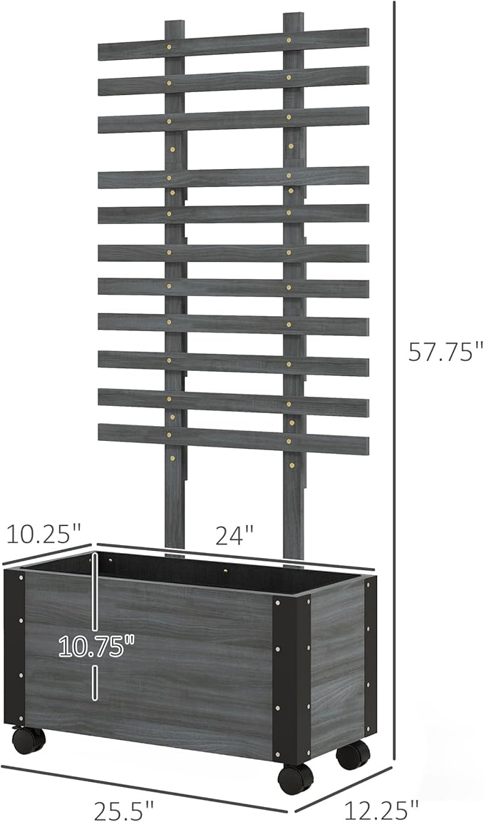 Raised Garden Bed with Trellis 58 Outdoor Wooden Planter Box with Wheels for Vine Plants Flowers Climbing and Planting Gray