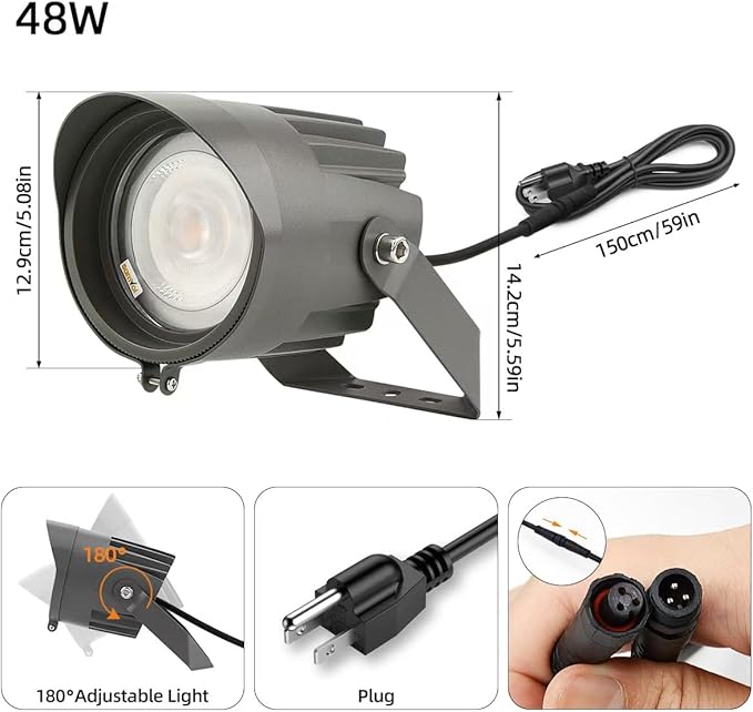 Led Landscape Outdoor Spot Light with Anti-glare Cap - Heavy Duty Waterproof IP67 120V Accent Light 270⁰ Adjustable Mount 3000K Thickened Aluminum Spotlight for Bldg Yard Garden Tree (48 Watts)