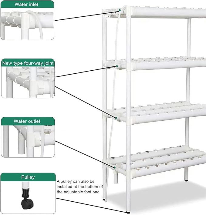 4 Layers 108 Plant Sites Hydroponic Growing System Home Indoor Planting Kit with Water Pump Pump Timer Pulley Foot Hydroponic Grow Kit for Leafy Vegetables
