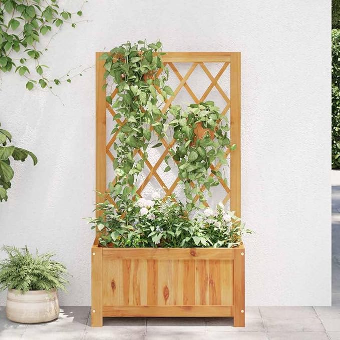 YAFF Solid Acacia Wood Garden Planter with Trellis Medium Size Rectangular Box for Climbing Plants UV Resistant Ideal for Balcony Patio and Indoor/Outdoor Gardens