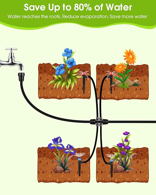 Drip Irrigation System16Ft+78Ft Connector Micro Garden Watering Plants System Automatic Equipment with 1/2'' Hose 1/4'' Distribution Tubing and Accessories for Lawn Patio Raised Bed