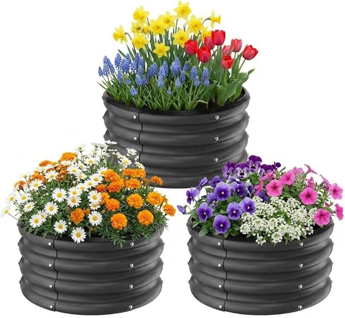 IDEALHOUSE Metal Raised Garden Bed 3 Pack 2×2×1 ft Round Outdoor Planter Boxes Durable Galvanized Steel Containers for Vegetables Fruits Flowers Open Bottom Easy Assembly Black