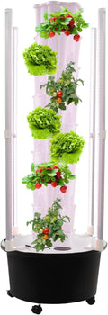 8 Tier Hydroponic Growing Tower with Led Grow Lights Water Pump 48 Planting Pots Vertical Garden Indoor Outdoor Automatic Water Circulation System Locking Wheels for Home Patio Balcony
