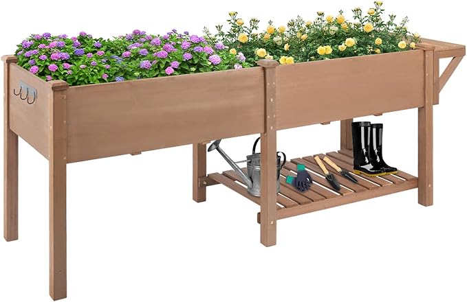 Raised Garden Bed with Legs Wooden Planter Box for Outdoor Gardening Elevated Garden Bed with Storage Shelf Hooks &amp Protective Liner for Vegetables Flowers Herbs (80x23x30 in Brown)