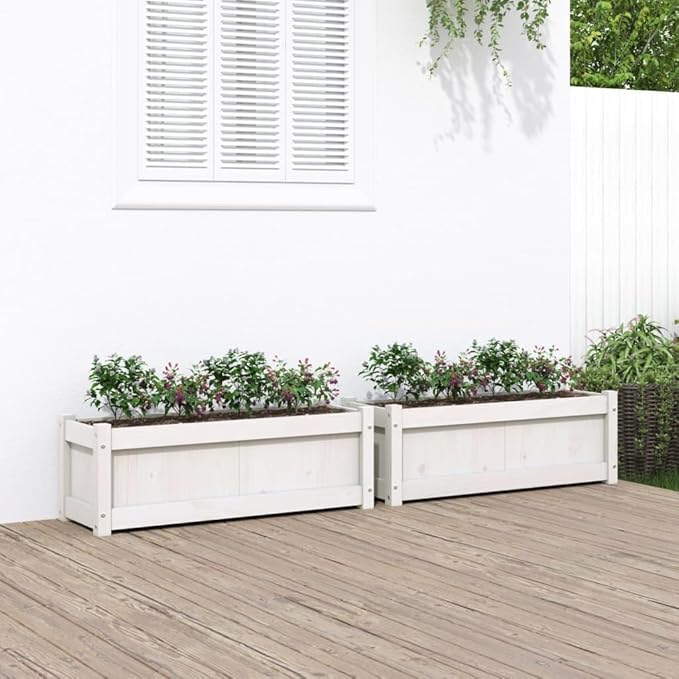 White Solid Pine Wood Garden Planter Set of 2 Large 35.4 Rectangular Outdoor Raised Garden Bed for Flowers Herbs Patio Decor