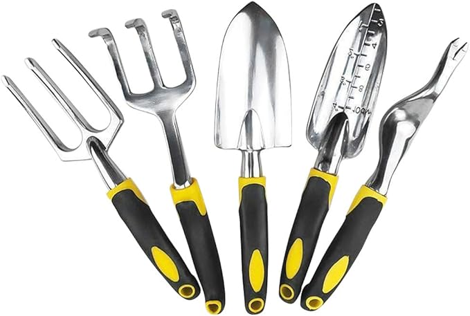 SagaSave Garden Tool Set 5 Pcs Heavy Duty Gardening Kit Include Aluminum Alloy Small Shovel Right Angle Fork Shovel Weeding Fork Transplanter Ideal Garden Tools Gift