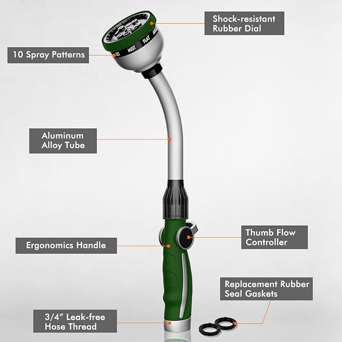 RESTMO Watering Wand Heavy Duty Metal Garden Hose Wand with 10 Spray Patterns 15-Inch Long Hose Nozzle Sprayer with Thumb Flow Control Ideal to Water Hanging Baskets and Shrubs Green