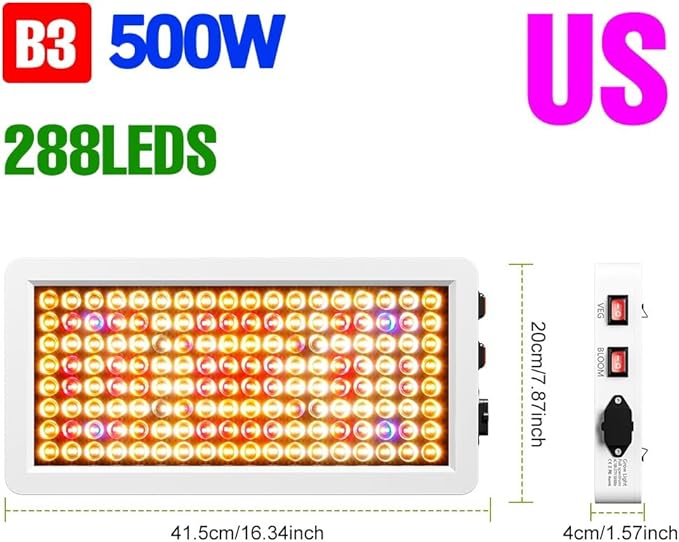 110V LED Plant Light Sunlike 500W Full Spectrum Indoor Panel Lamp 220V Red Blue Growth Box Veg/Bloom Modes Dimmable Greenhouse Tent Fill Lamp UV IR Mushroom Moss Hydroponic Lighting with Hook US Plug