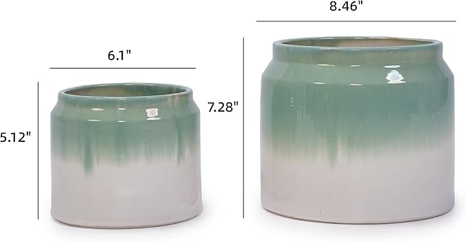 Handmade Ceramic Planter Set of 2 8.5 6 Diameter Green White Ombre Glaze for Aquatic Plants IndoorOutdoor Shelf Table Use Non Porous Breathable Clay