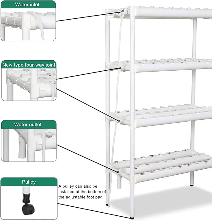 4 Layers 108 Plant Sites Hydroponic Growing System Home Indoor Planting Kit with Water Pump Pump Timer &amp Pulley Foot Hydroponic Grow Kit for Leafy Vegetables