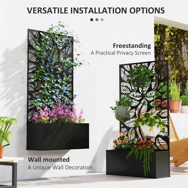 Metal Raised Garden Bed with Trellis Galvanized Planter Metal Planter Box with Trellis 24 L x 9.1 W x 44.5 H (Leaves)