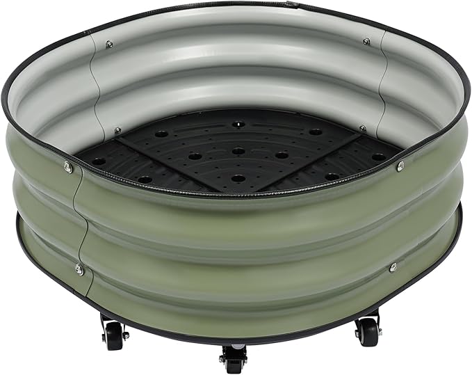 Raised Garden Bed with 9 Wheels 23.6 Inch Round Metal Planter Box for Courtyards Balconies Gardens (Green)