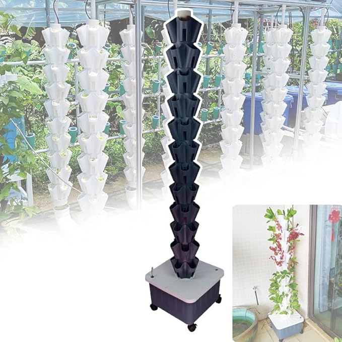 Hydroponics Tower Garden Vertical Growing System KitAquaponics Growing SystemNursery Germination Kitwith Hydrating Pump Adapter.for Herbs Fruits and Vegetables(Black10layers)