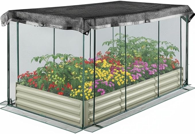 GarveeLife Galvanized Raised Garden Bed with Plant Protection Net and Shade Canopy Metal Planter Boxes Bottomless for Planting Vegetables Flowers Herbs 6 x 3 x 1 ft Beige