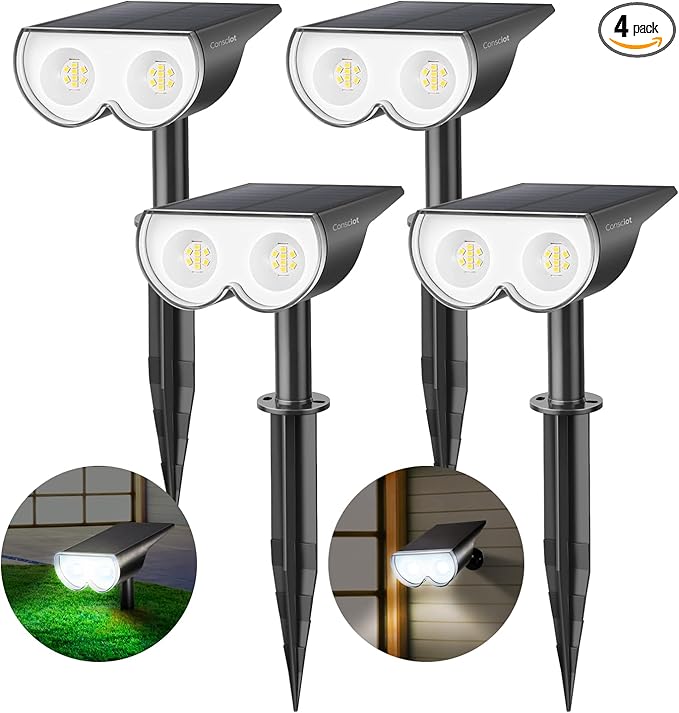 Solar Lights Outdoor Waterproof Consciot 16 LEDs IP67 Spot Lights Outdoor Auto On/Off Solar Landscape Spotlights 2-in-1 Adjustable Wall Lights for Garden Yard Pathway Cool White 4 Pack