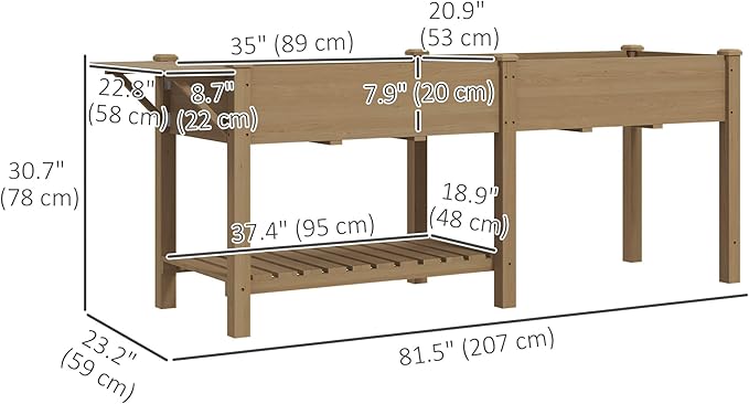 Outsunny Raised Garden Bed Wood Elevated Planter Box with Side Table Bottom Shelf Outdoor Raised Planter with Bed Liners Drainage Holes for Vegetable Flower 81.5 x 23 x 31 in Carbonized Brown