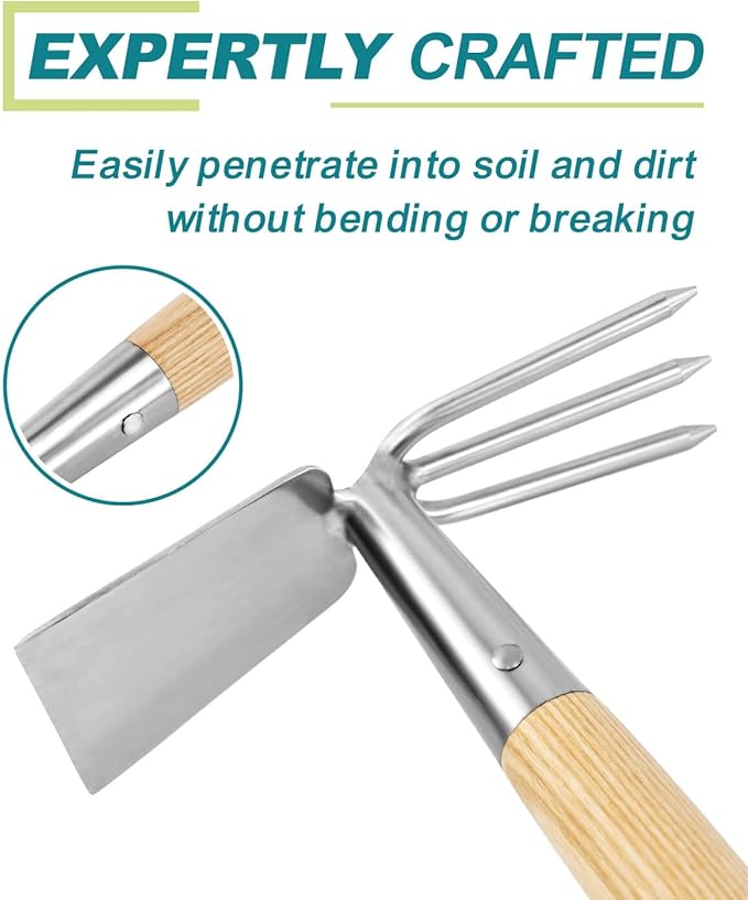 Hoe and Cultivator Garden Rake Hand Tiller Tool Wood Handle Double Sided Cultivator Versatile Tool for DiggingLoosening SoilWeedingBreaking Up SoilCultivatingPreparing Seedbeds Combination Garden