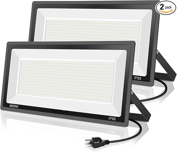 2 Pack 800W LED Flood Light Outdoor3750W Equivalent Super Bright FloodLight with Plug88500LM 5000K Daylight White IP66 Waterproof Commercial Lighting for Sports FieldsCountsArenaStadium