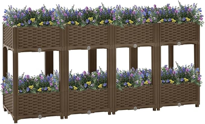 Raised Bed Natural Plant pots Outdoor Planter Box with 2 Shelves Suitable for Vegetables Grass Lawn Yard 63x15.7x28 Polypropylene