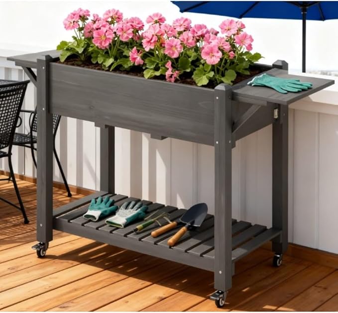 Sturdy Wooden Raised Garden Bed with Lockable Casters Built-in Side Shelves and Drainage System for Easy Urban Gardening (Grey + Wood)