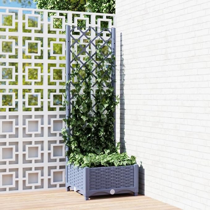 Garden Planter with Trellis Outdoor Raised Garden Bed for Climbing Plants Dark Gray 15.7x15.7x47.8 PP