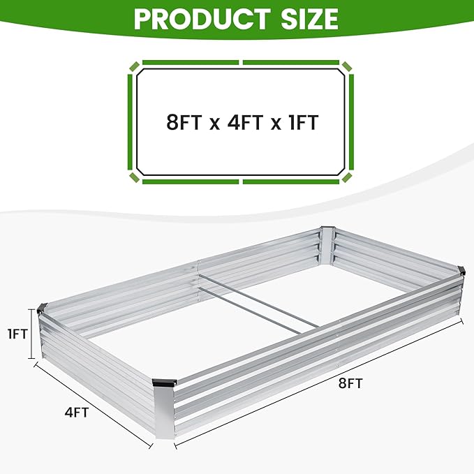 G GOOD GAIN 8x4x1ft Galvanized Raised Garden Bed Heavy-Duty Metal Planter Boxes Outdoor for Vegetables Flowers Herbs Silver(2 Pack)