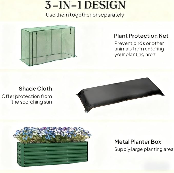 Galvanized Steel Planter Box with Open Bottom Raised Garden Bed Crop Cage and Shade Cloth for Vegetable Growing