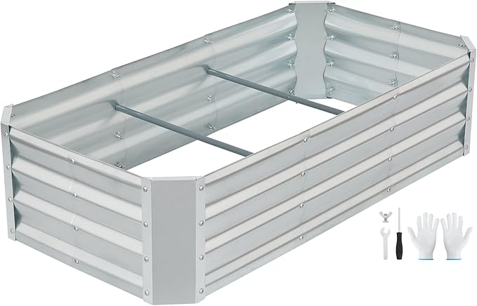 G GOOD GAIN 4x2x1ft Raised Garden Bed – Galvanized Metal Planter Box for Vegetables Flowers Herbs Fruits – Outdoor Garden Beds with Open Bottom Sliver