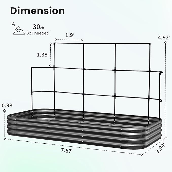 KING BIRD Raised Garden Bed with Wall Trellis Galvanized Planter Garden Box Outdoor for Gardening Climbing Vegetables Flowers 7.87x3.94x0.98 Ft Dark Grey