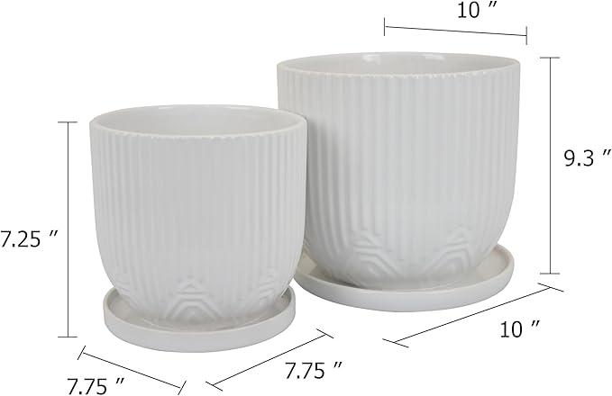 10 7 Inch Indoor Planter Set of 2 White Ribbed Round Design