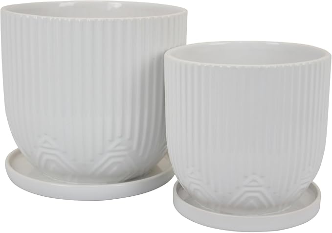 10 7 Inch Indoor Planter Set of 2 White Ribbed Round Design