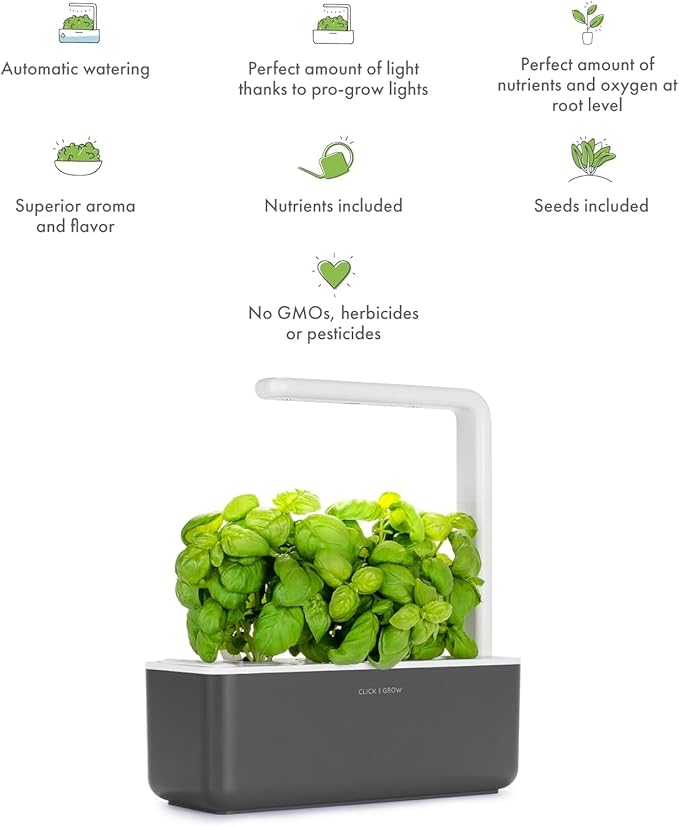 Click &amp Grow Indoor Herb Garden Kit with Grow Light | Smart Garden for Home Kitchen Windowsill | Easier Than Hydroponics Growing System | Vegetable Gardening Starter (3 Basil Pods Included) Grey