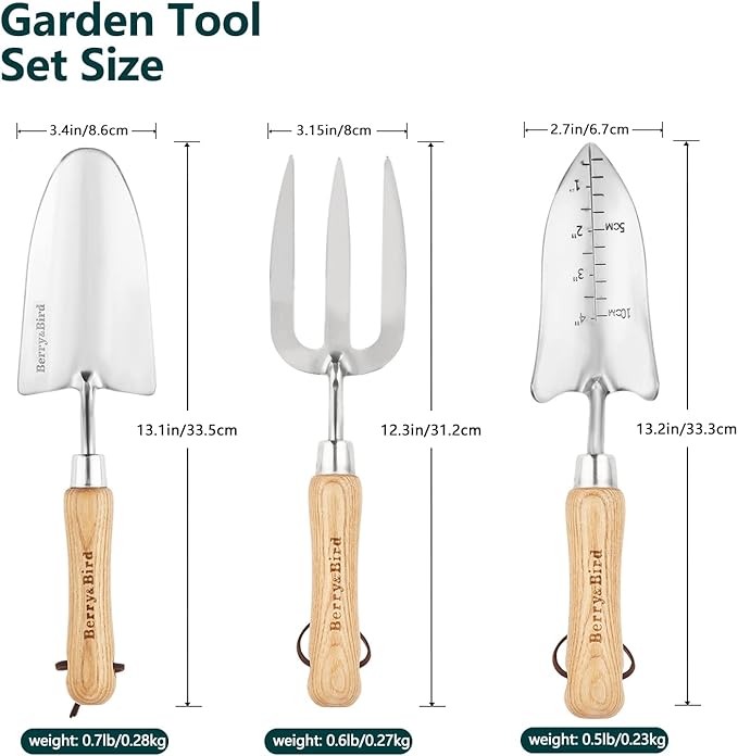 Berry&ampBird Garden Tool Set- 3PCS Stainless Steel Gardening Tool Sets with Wooden Handle Trowel Weeding Fork &amp Digging Shovel Hand Tool Kit for Planting Ideal Gardening Gift for Women &amp Me