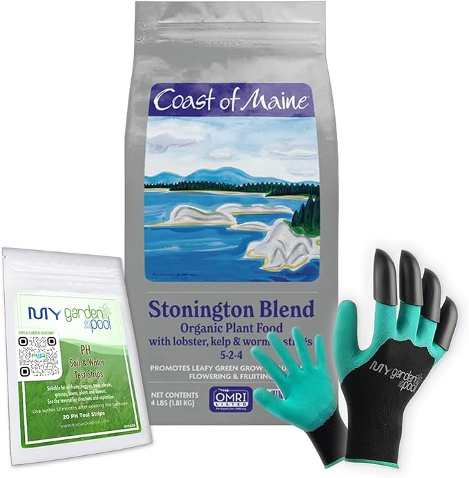 Coast of Maine SP6000 Stonington Plant Food 4 LB – Organic Soil Builder for Vegetables &amp Flowers with My Garden Pool Soil Test Strips &amp Claw Gardening Gloves