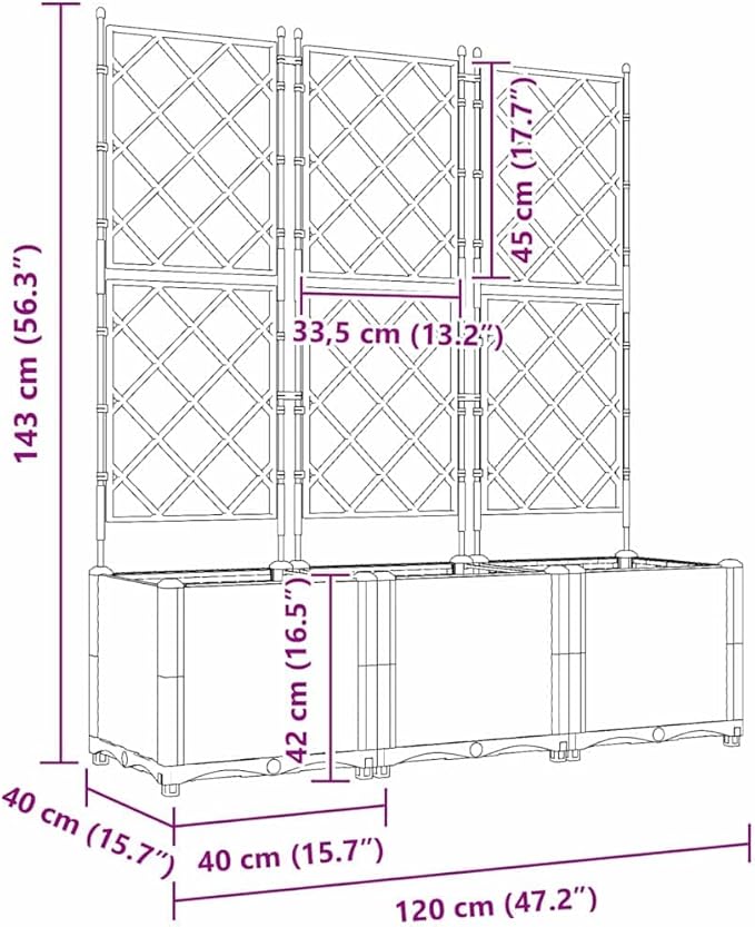 Garden Planter with Trellis 3 pcs Brown PP 47.2 Raised Garden Bed for Outdoor Plants Easy Assembly
