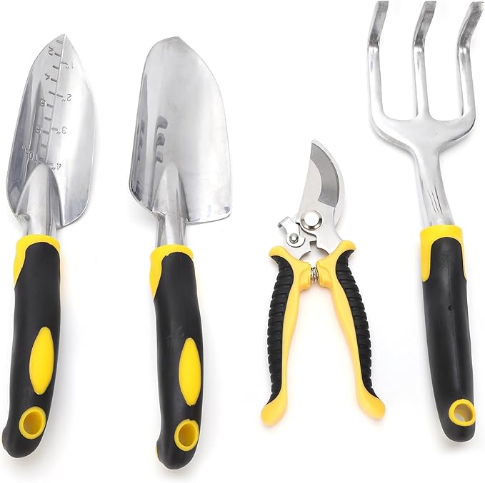 5-Piece Garden Tool Set with Heavy Duty Cast Aluminum Head - Transplanting Spade Cultivator Pruner Shovel &amp Gardening Gloves