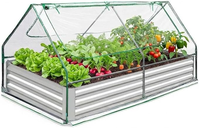 6x3x3Ft Raised Garden Bed with Greenhouse Extra-Thick Galvanized Metal Planter Box 2 Roll-Up Screen Windows 3-in-1 for Vegetables Flowers Herbs