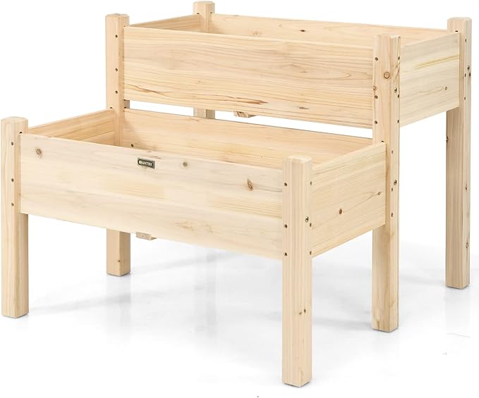 Giantex Set of 2 Raised Garden Bed Elevated Wood Planter Box Raised Bed Kit for Flowers Vegetables Fruits Herbs Outdoor Planting Container Patio Balcony Yard (Natural)