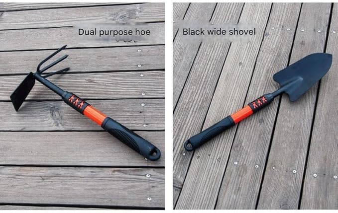 3/4-Piece Heavy-Duty Garden Tool Set – Carbon Steel Hand Trowel Rake Hoe Shovel with Anti-Rust Coating &amp Non-Slip Handle for Gardening and Planting (Black)(Three-pack)