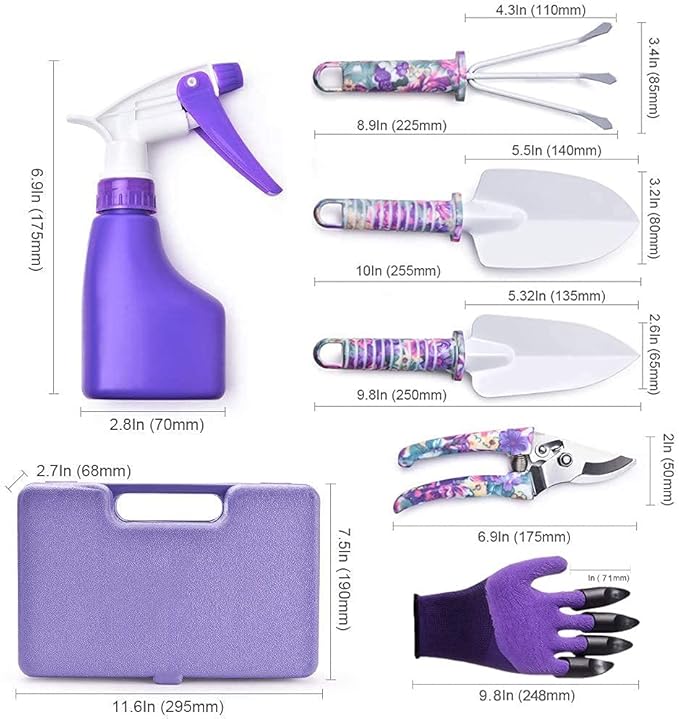 7 Pieces Garden Tools Set Pruning Saw Non-Slip Handle with Anti-Rust Trowel Cultivator Pruning Shear Water Sprayer Gloves with Claws Carrying Case