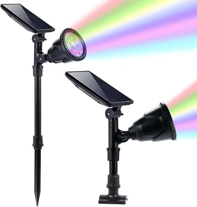 Solar Outdoor Spotlights - 18 LED 600 Lumens Waterproof 7 Colors Adjustable for Year Round Patio Garden and Landscape Festive Lighting (2 Pack)
