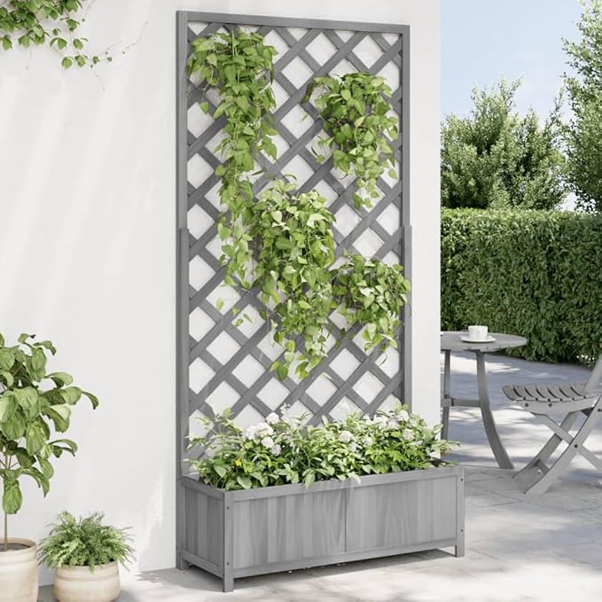 Raised Garden Bed with Trellis Gray Solid Fir Wood Outdoor Planter Box 35.4x13.8x70.9 Elevated Planter for Flowers Vegetables and Climbing Plants in Garden or Patio