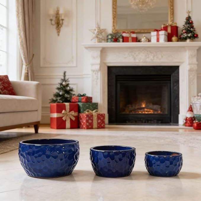 Handmade Ceramic Planter Set of 3 151210 Diameter Cobalt Blue Hammered Texture for Succulents Violets IndoorOutdoor Use on Windowsill Bookshelf Breathable Clay
