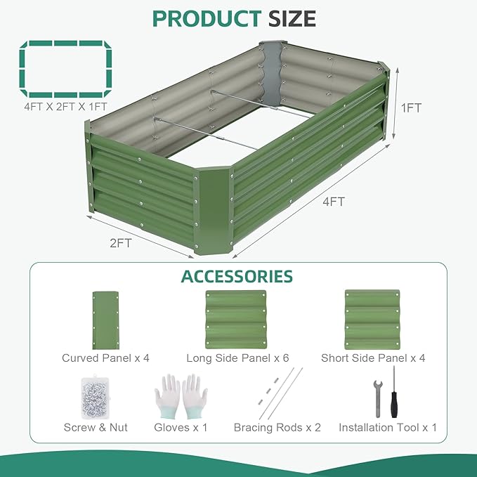 Galvanized Raised Garden Bed - 4x2x1ft Metal Garden Planter Box Outdoor | Steel Raised Bed Kit with Bracing Rods Gloves for Gardening Vegetables Fruits and Flowers (Oliver Green)