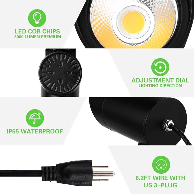 30W LED Landscape Spotlight Flag Pole Light110-260V Outdoor Spotlights Weatherproof Landscape Lighting with Stake US 3-Plug 8.2FT Cord 2PACK 3000LM(6000K Cool White)