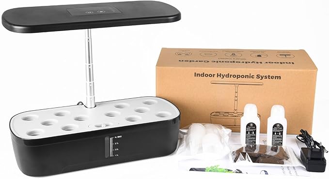 Black 12-Pod Hydroponics Growing System Earthless Growing System Indoor Garden Herb Garden Kit Smart Hydroponic Garden with LED Grow Light &amp Automatic Timer Adjustable Height