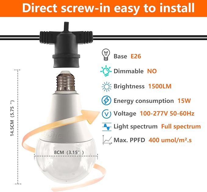 Grow Light Bulbs LED Growth Bulb A25 Full Spectrum String Plant Light Houseplant Growting Lamp Indoor Or Outdoor Waterproof Grow Lights (12 Lights and Cord)