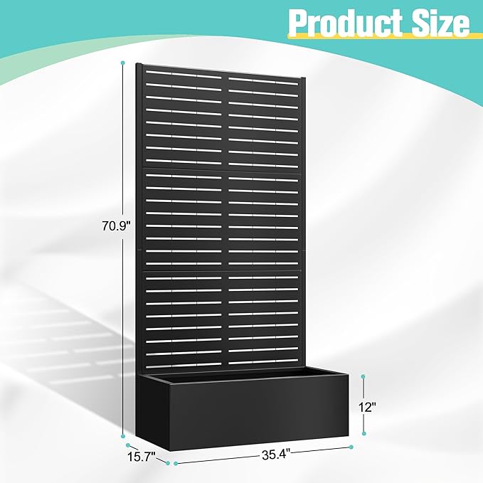 71x35x16 Metal Planter Box with Trellis Raised Garden Bed Trellis with Planter Box &amp Privacy Screen Outdoor Raised Garden Bed for Climbing Plants Vegetable Vines (Black Louvered)
